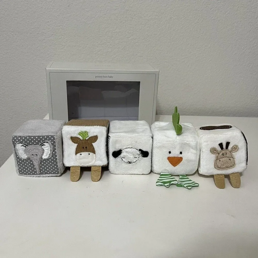 Pottery Barn Kids Animal Friends Soft Blocks Plush Rattle Set of 5 NEW